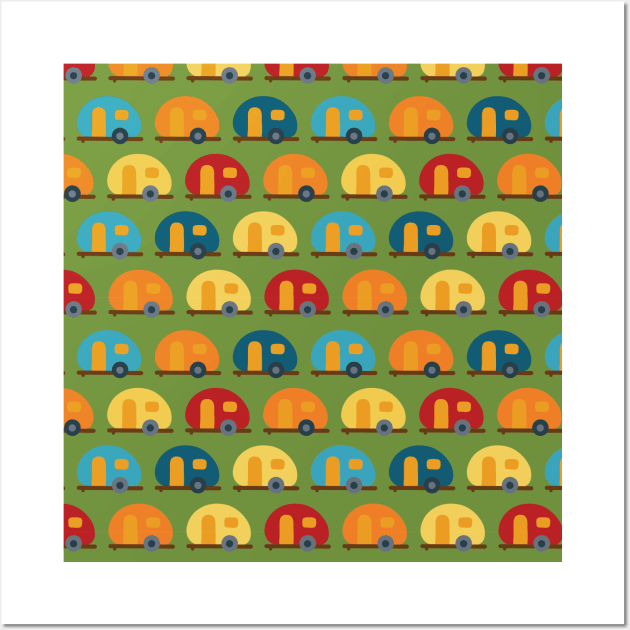 Caravans trailer RV campervan blue red yellow in a row. Green background. Fun vehicle pattern for boys Wall Art by Sandra Hutter Designs